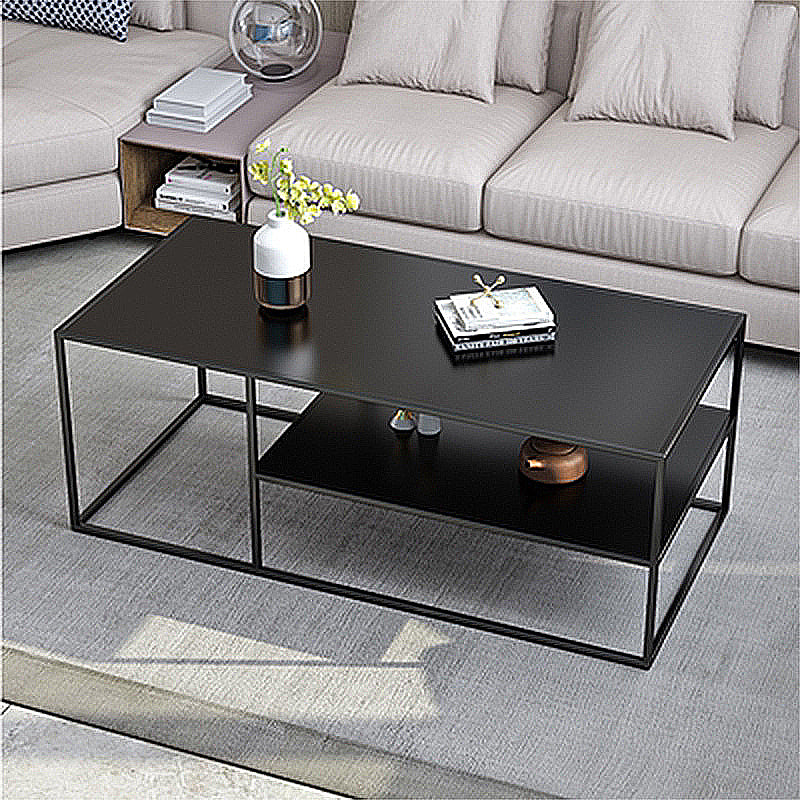 Black Finish Metal Rectangular Coffee Cocktail Table with Storage Shelf