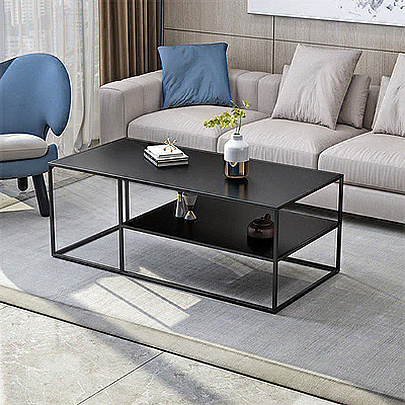 Black Finish Metal Rectangular Coffee Cocktail Table with Storage Shelf