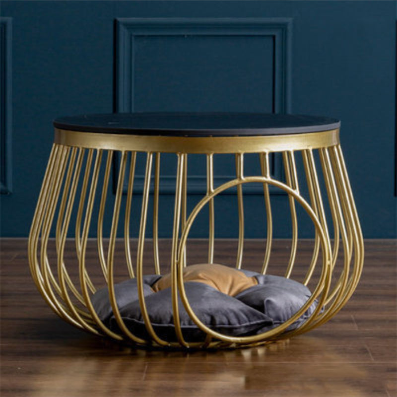 Glam Slate/Glass Top Coffee Table Dia 21.7" Frame Cocktail Table with Storage