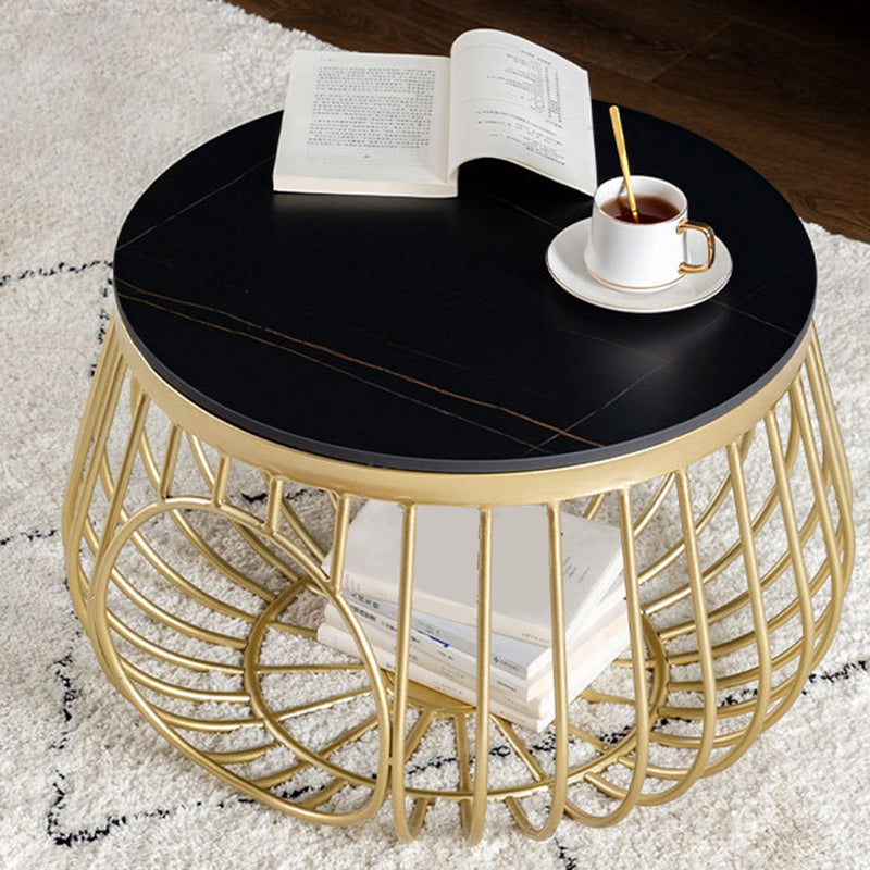 Glam Slate/Glass Top Coffee Table Dia 21.7" Frame Cocktail Table with Storage