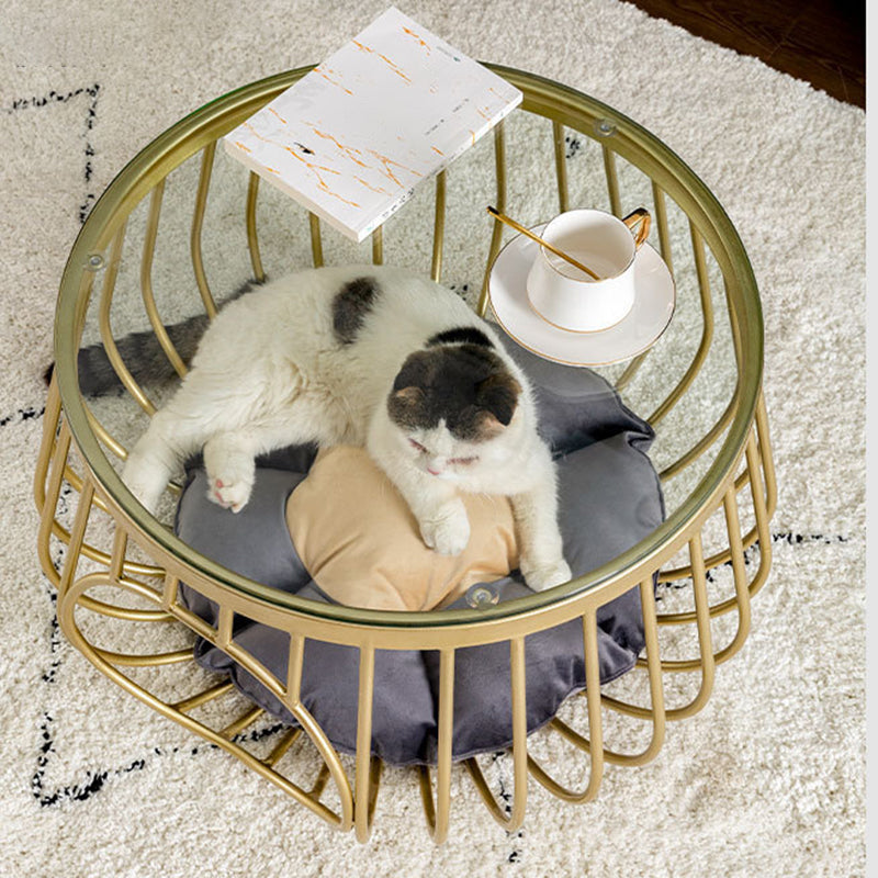 Glam Slate/Glass Top Coffee Table Dia 21.7" Frame Cocktail Table with Storage