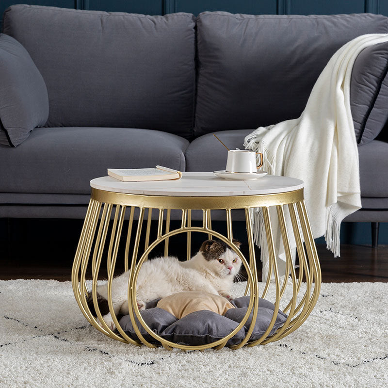 Glam Slate/Glass Top Coffee Table Dia 21.7" Frame Cocktail Table with Storage
