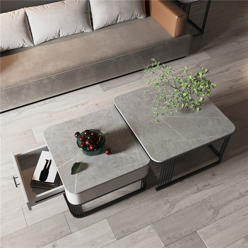 Square Nesting Coffee Table Set Slate Frame Coffee Cocktail Table with Drawer