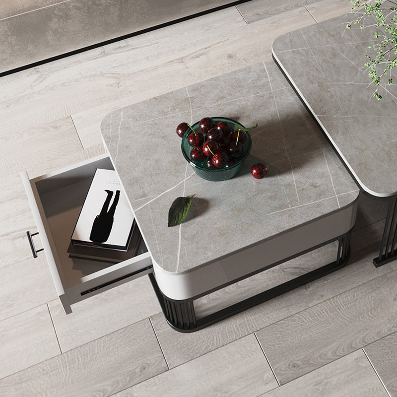Square Nesting Coffee Table Set Slate Frame Coffee Cocktail Table with Drawer