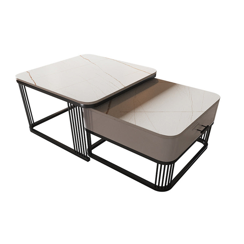 Square Nesting Coffee Table Set Slate Frame Coffee Cocktail Table with Drawer