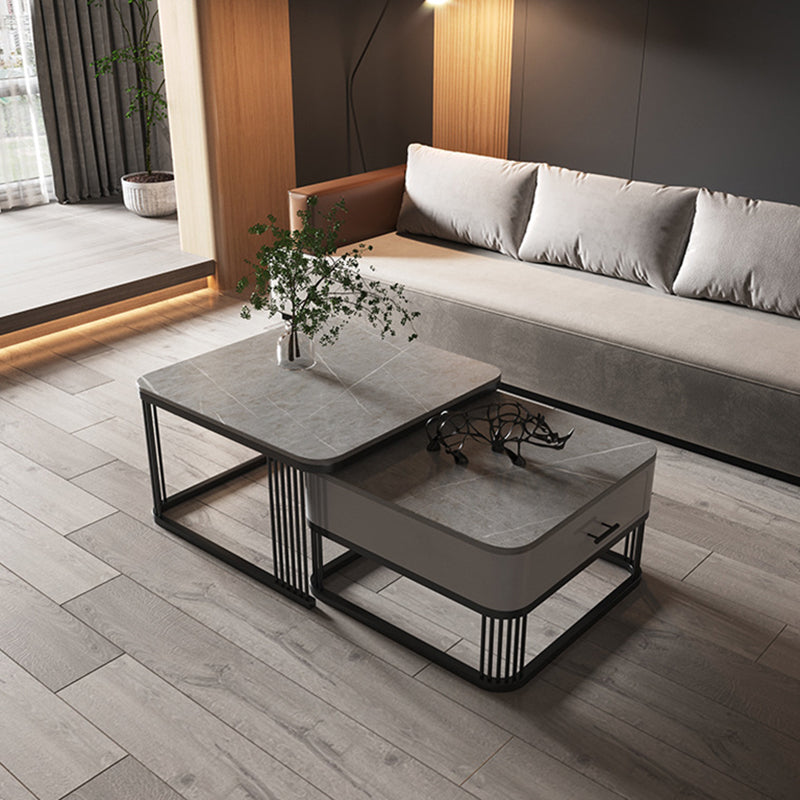 Square Nesting Coffee Table Set Slate Frame Coffee Cocktail Table with Drawer