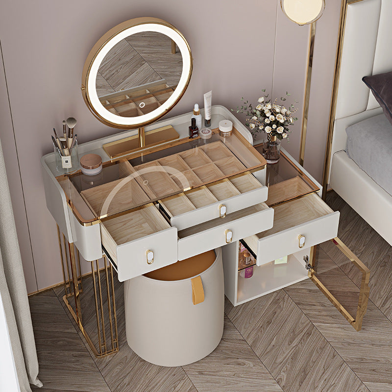 Vanity Mirrored Dressing Table Stool Set Glass Top Makeup Vanity