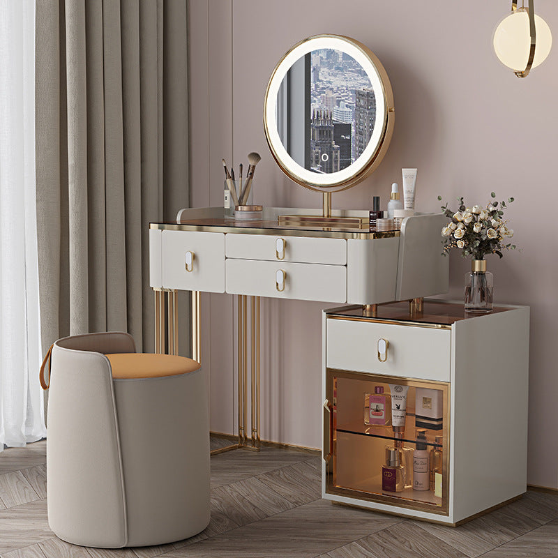 Vanity Mirrored Dressing Table Stool Set Glass Top Makeup Vanity