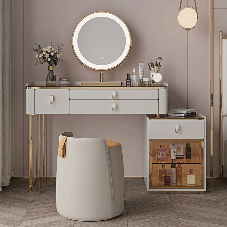 Vanity Mirrored Dressing Table Stool Set Glass Top Makeup Vanity