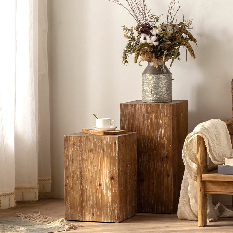 French Country Wood Block Side Table Square End Table, 11.8 inch Wide