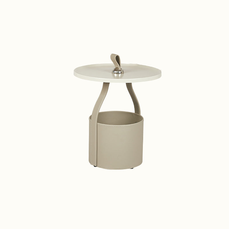 Contemporary Round Side End Table Leather Pedestal End Table