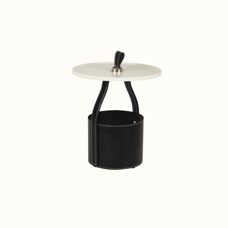 Contemporary Round Side End Table Leather Pedestal End Table