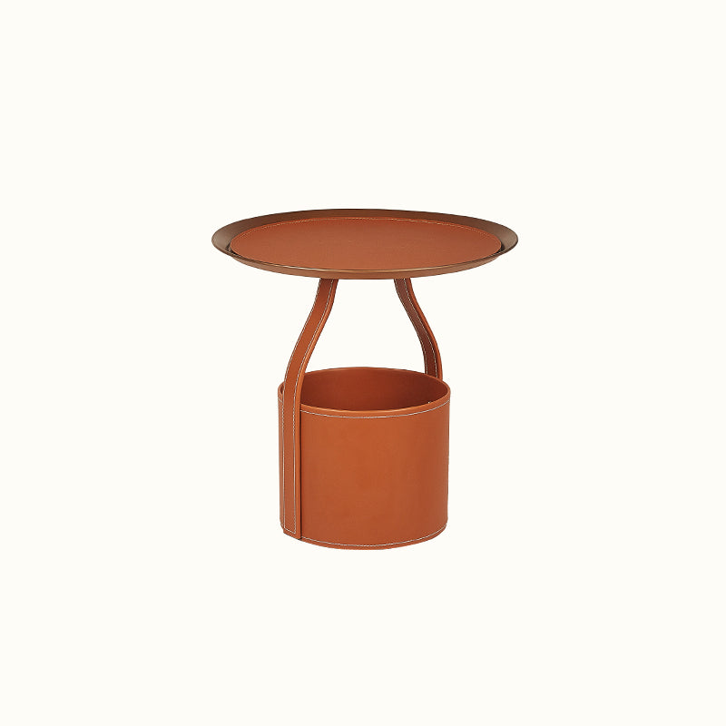 Contemporary Round Side End Table Leather Pedestal End Table