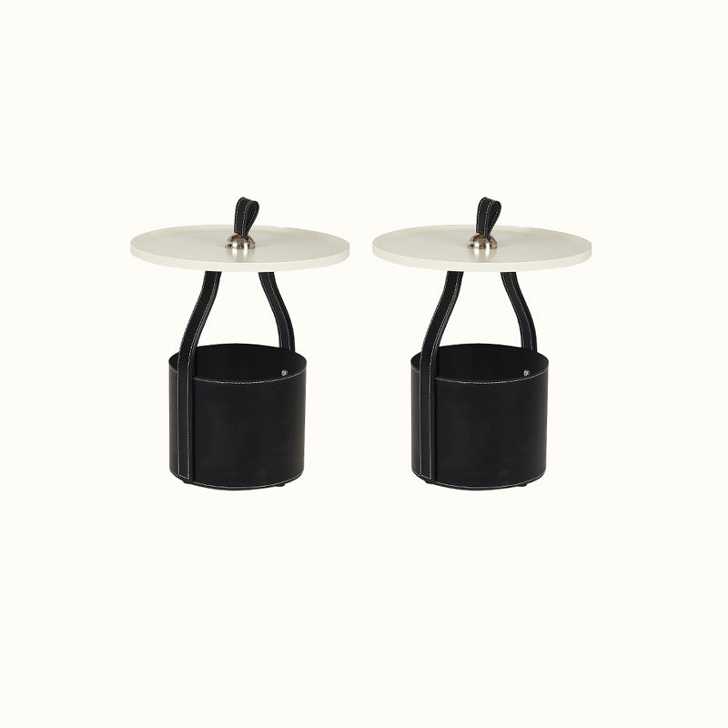 Contemporary Round Side End Table Leather Pedestal End Table