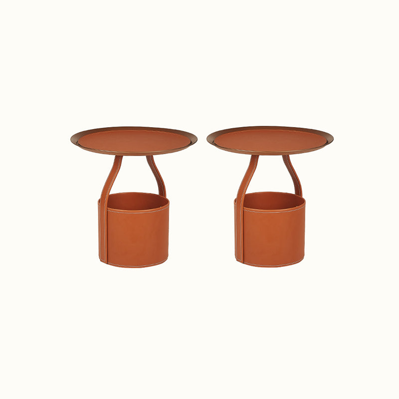 Contemporary Round Side End Table Leather Pedestal End Table