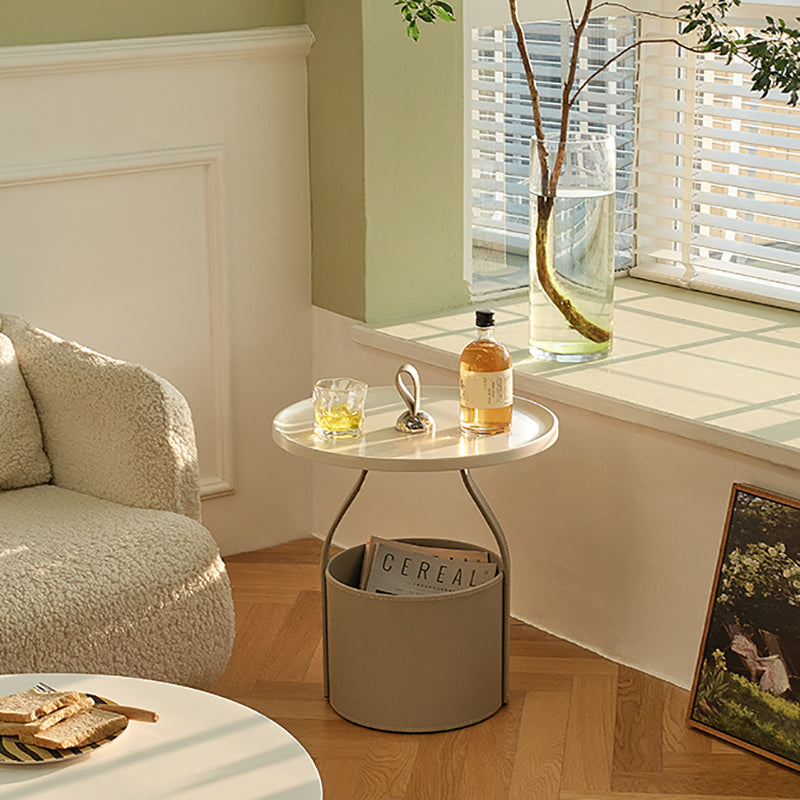 Contemporary Round Side End Table Leather Pedestal End Table