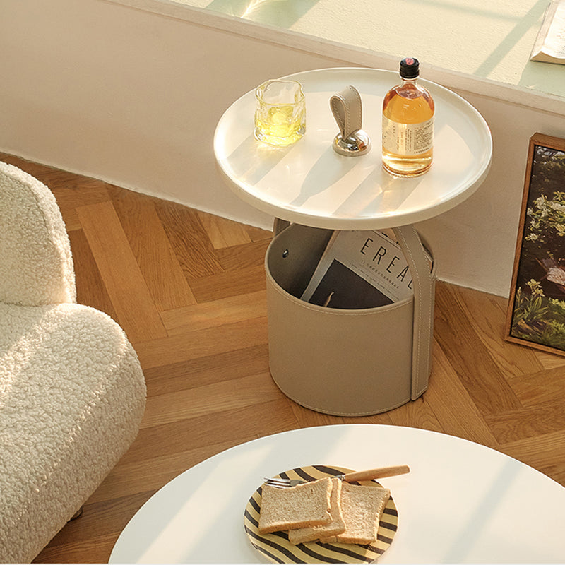 Contemporary Round Side End Table Leather Pedestal End Table