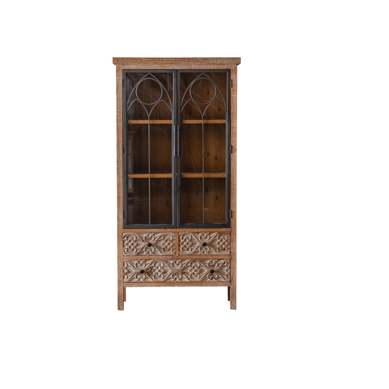 Distressed Brown Drawers Included Cabinet Glass Paned Wood & Iron Accent Cabinet