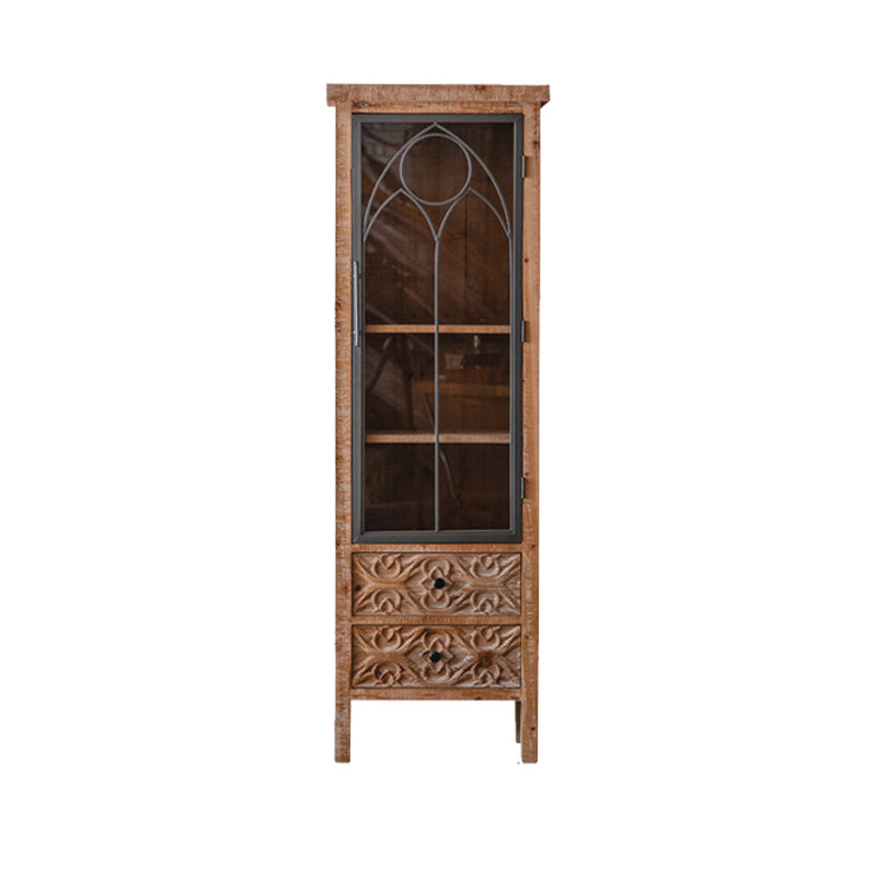 Distressed Brown Drawers Included Cabinet Glass Paned Wood & Iron Accent Cabinet