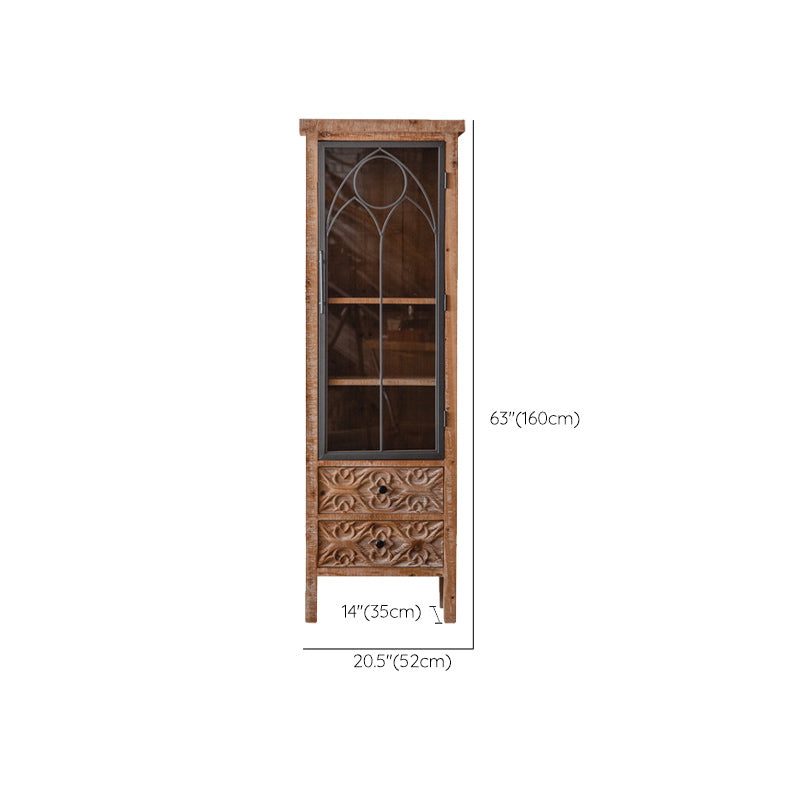 Distressed Brown Drawers Included Cabinet Glass Paned Wood & Iron Accent Cabinet