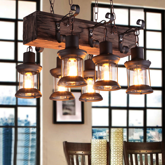 Rectangular Shape Pendant Light Modern Style Wood 6 Lights Hanging Lamp in Brown