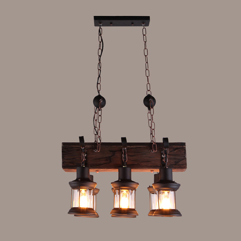 Rectangular Shape Pendant Light Modern Style Wood 6 Lights Hanging Lamp in Brown