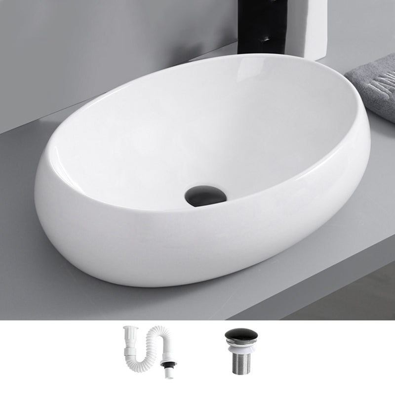 Contemporary Bathroom Sink with Single Faucet Hole Solid Color Oval-Shape Vessel Sink