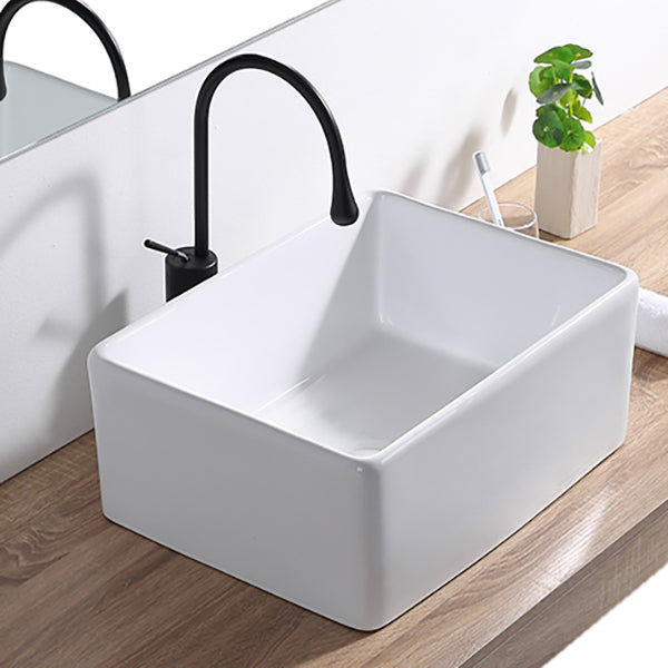 Contemporary Bathroom Sink Pop-Up Drain Porcelain Rectangular Vessel Lavatory Sink