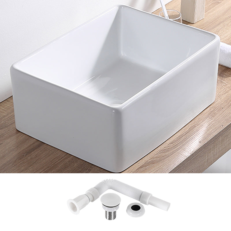 Contemporary Bathroom Sink Pop-Up Drain Porcelain Rectangular Vessel Lavatory Sink