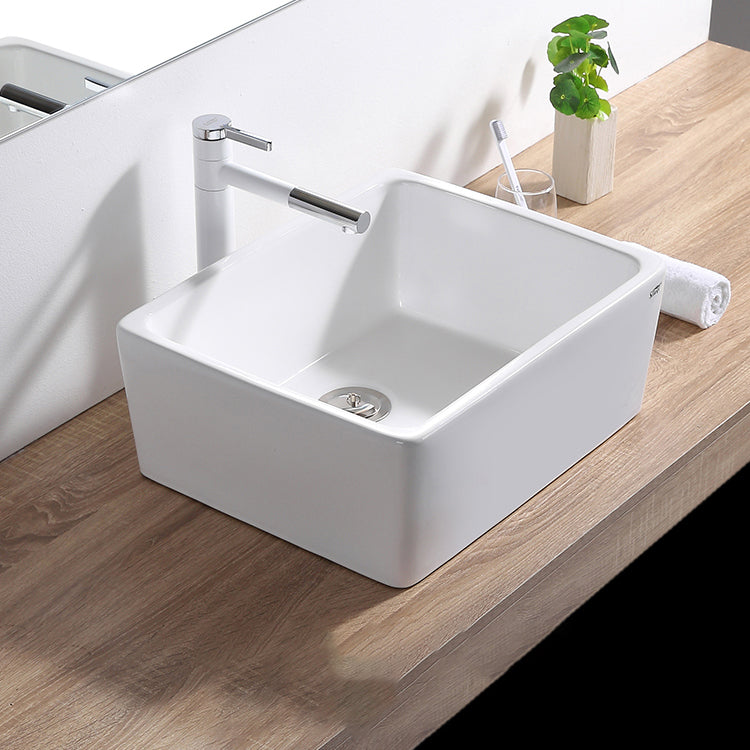 Contemporary Bathroom Sink Pop-Up Drain Porcelain Rectangular Vessel Lavatory Sink