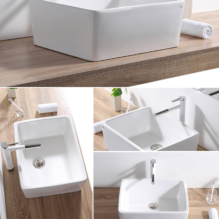 Contemporary Bathroom Sink Pop-Up Drain Porcelain Rectangular Vessel Lavatory Sink