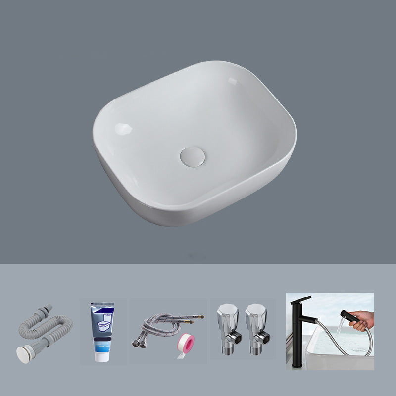 Modern Bathroom Sink Porcelain Solid Color Rectangular Vessel Sink with Pop-Up Drain