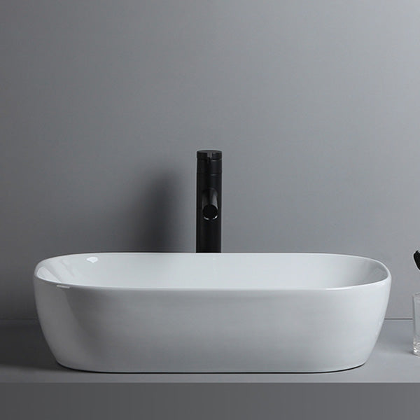 Modern Bathroom Sink Porcelain Solid Color Rectangular Vessel Sink with Pop-Up Drain