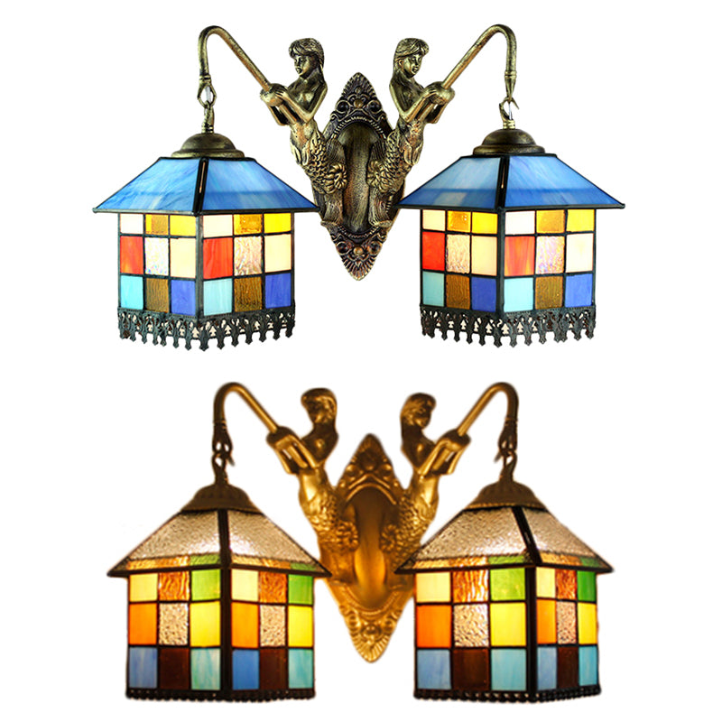 House Wall Light Fixture Tiffany Multicolor Stained Glass 2 Heads Clear/Blue Sconce Lighting