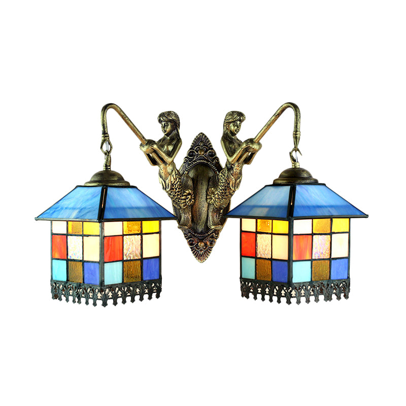 House Wall Light Fixture Tiffany Multicolor Stained Glass 2 Heads Clear/Blue Sconce Lighting