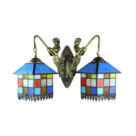 House Wall Light Fixture Tiffany Multicolor Stained Glass 2 Heads Clear/Blue Sconce Lighting