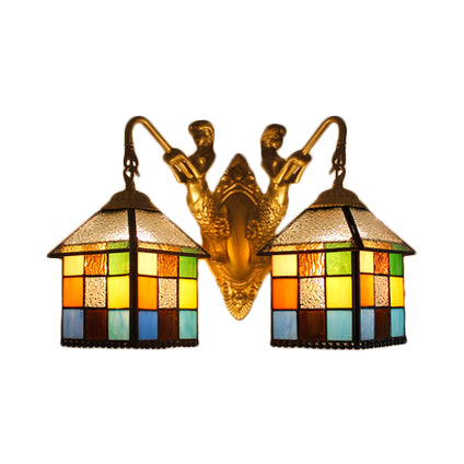House Wall Light Fixture Tiffany Multicolor Stained Glass 2 Heads Clear/Blue Sconce Lighting