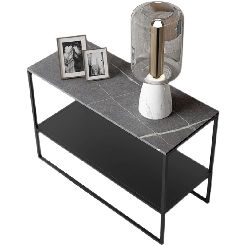 21.6" Tall Iron Sled Base End Table Rectangular Slate Top Side Table with Shelf