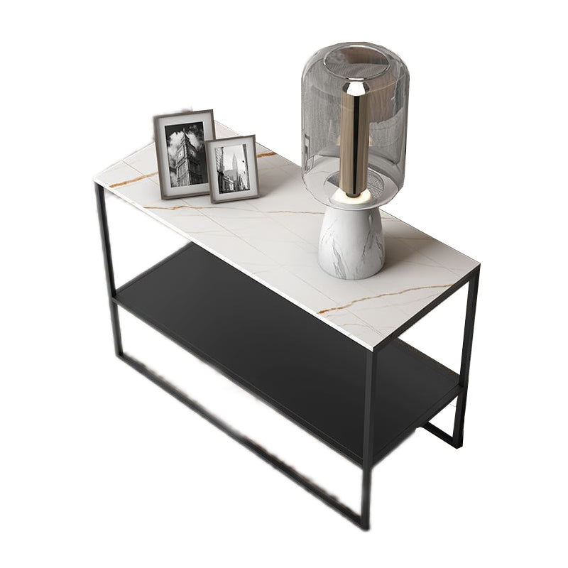 21.6" Tall Iron Sled Base End Table Rectangular Slate Top Side Table with Shelf