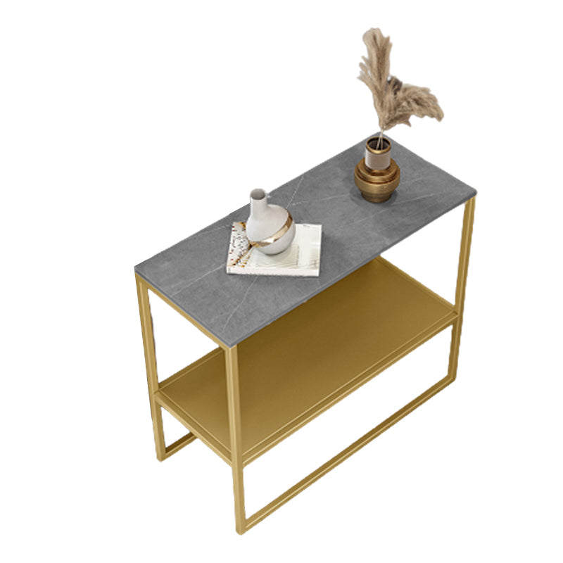 21.6" Tall Iron Sled Base End Table Rectangular Slate Top Side Table with Shelf