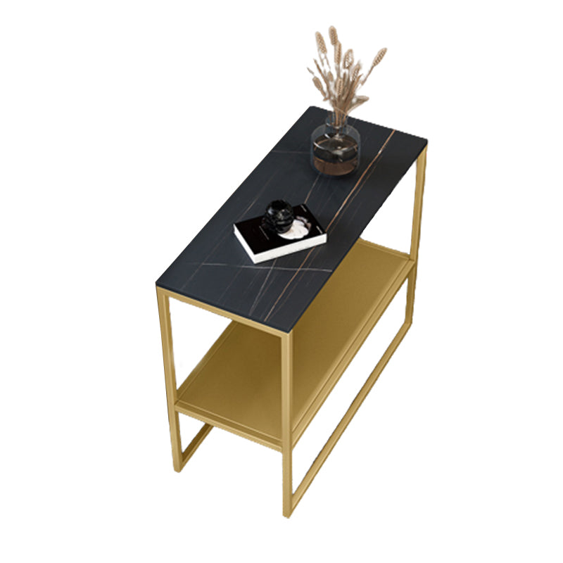 21.6" Tall Iron Sled Base End Table Rectangular Slate Top Side Table with Shelf