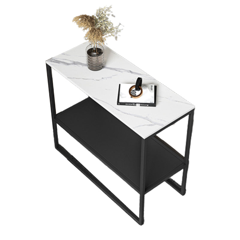 21.6" Tall Iron Sled Base End Table Rectangular Slate Top Side Table with Shelf