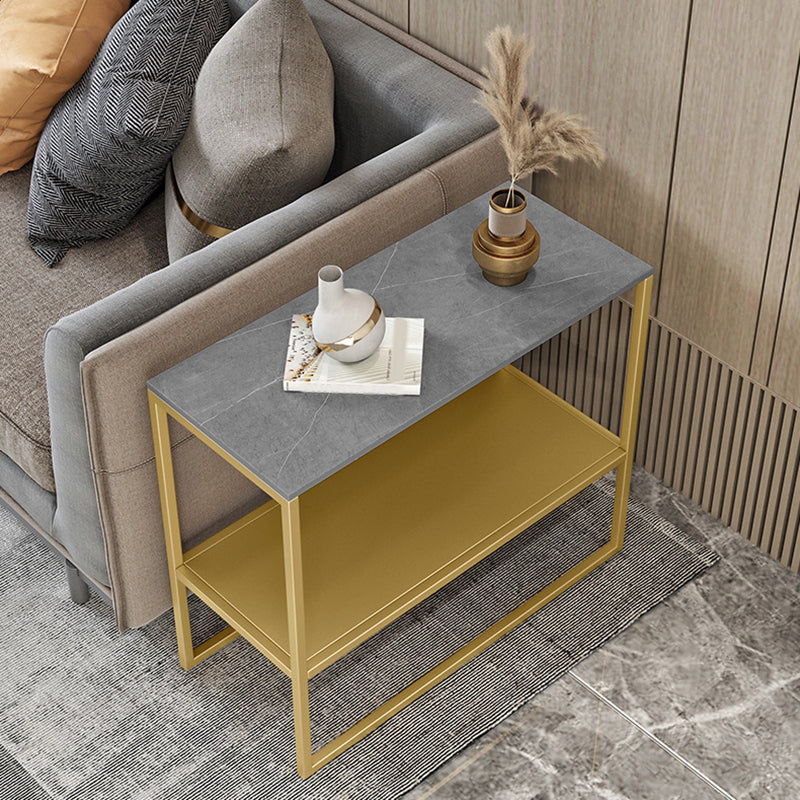 21.6" Tall Iron Sled Base End Table Rectangular Slate Top Side Table with Shelf