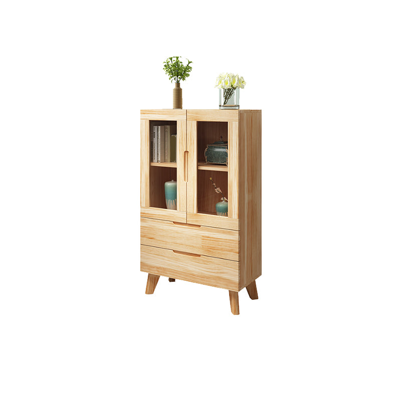 Pine Wood Glass Paned Accent Cabinet 47.6" Tall Natural Storage Chest