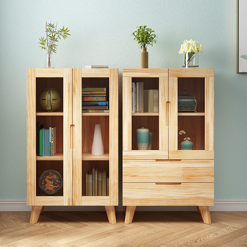Pine Wood Glass Paned Accent Cabinet 47.6" Tall Natural Storage Chest