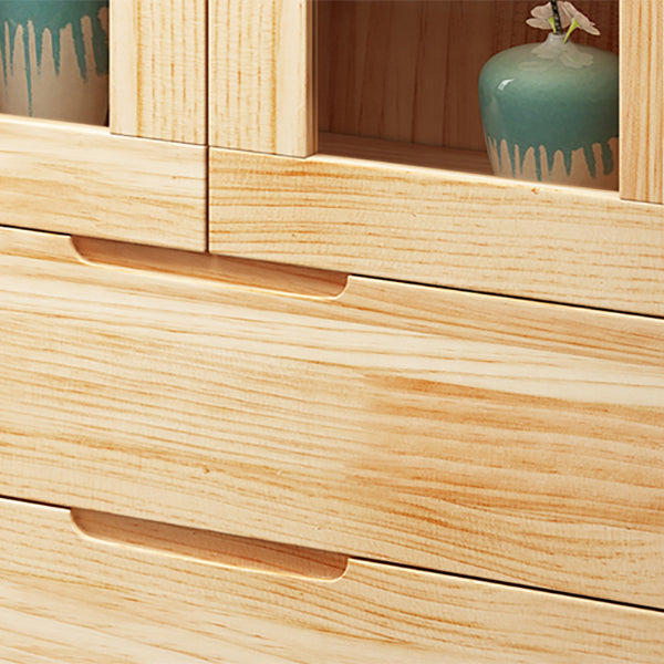 Pine Wood Glass Paned Accent Cabinet 47.6" Tall Natural Storage Chest