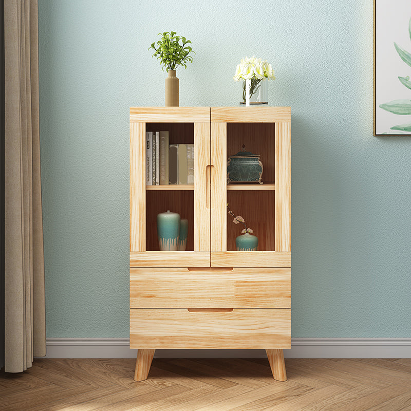 Pine Wood Glass Paned Accent Cabinet 47.6" Tall Natural Storage Chest