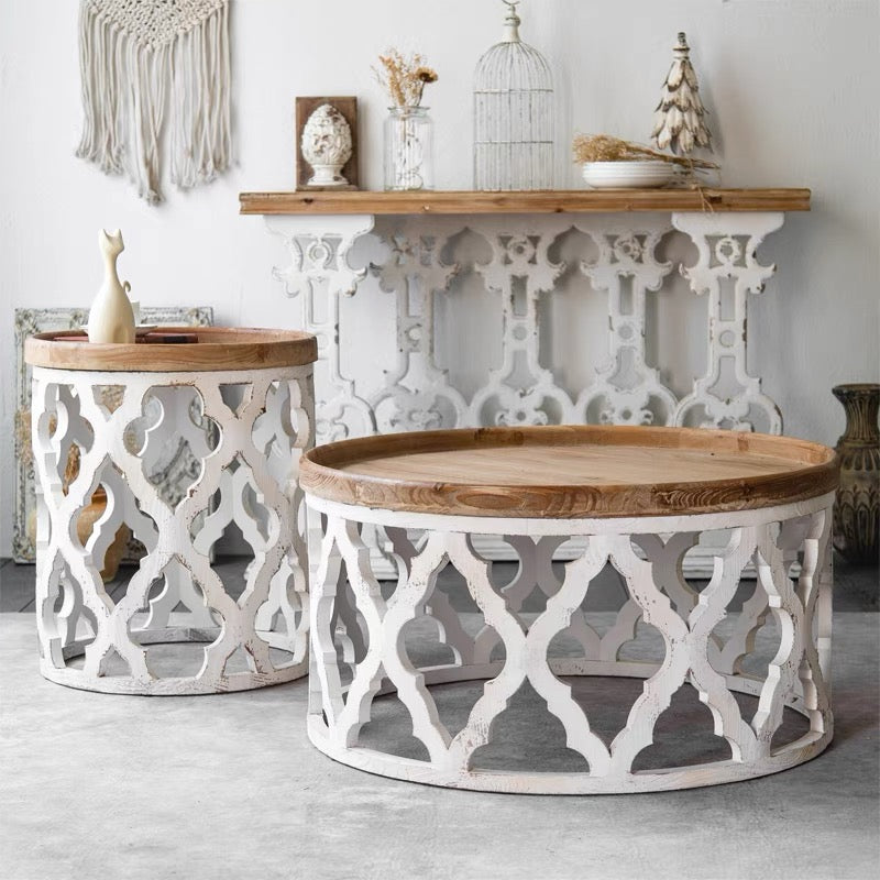 Rustic Solid Wood/Metal Round Distressed Living Room Accent Side Table