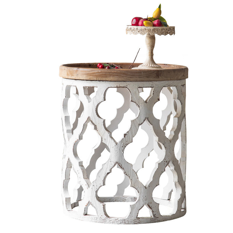 Rustic Solid Wood/Metal Round Distressed Living Room Accent Side Table