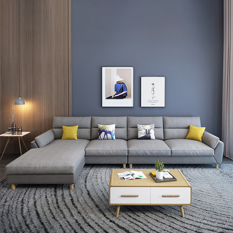 Flared Arm Linen Sectional Sofa Scandinavian Sectional with Wood Legs